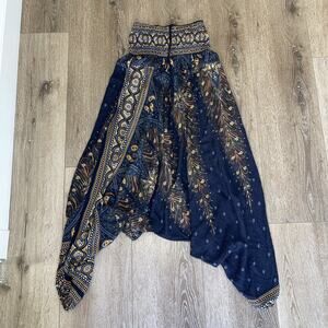 Harem Pants Blzck Drop Crotch One Size Paisley Peacock Feather Cotton Boho NEW